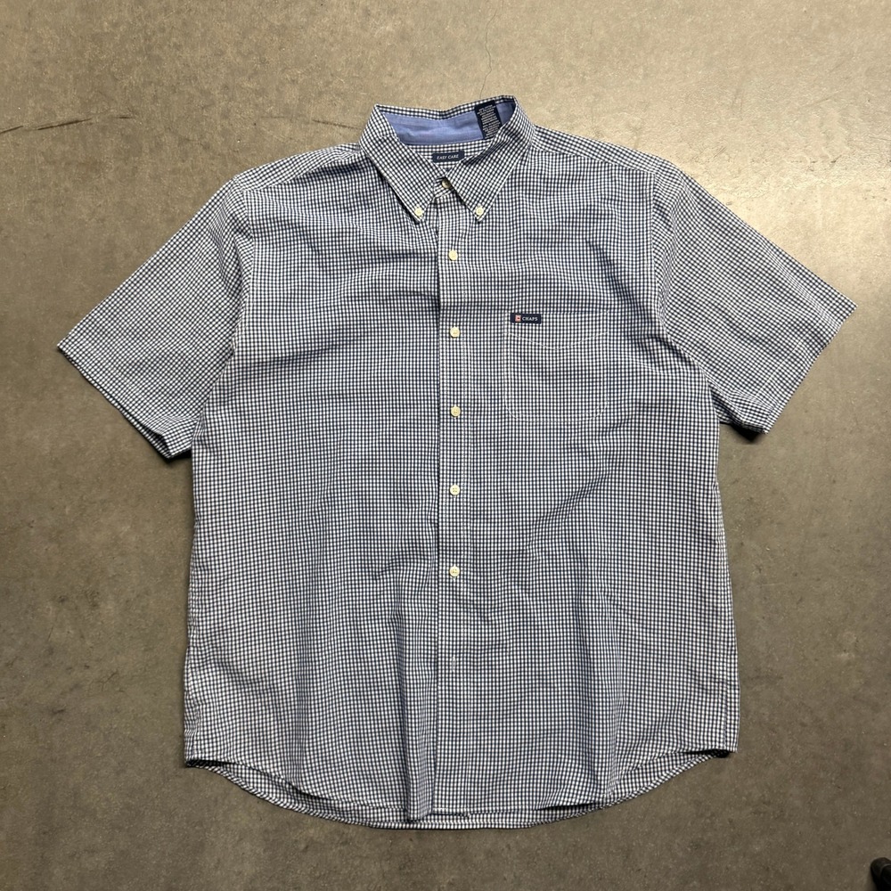 Chaps Mens XL Blue White Gingham Check Short Sleeve Easy Care Button Down Shirt